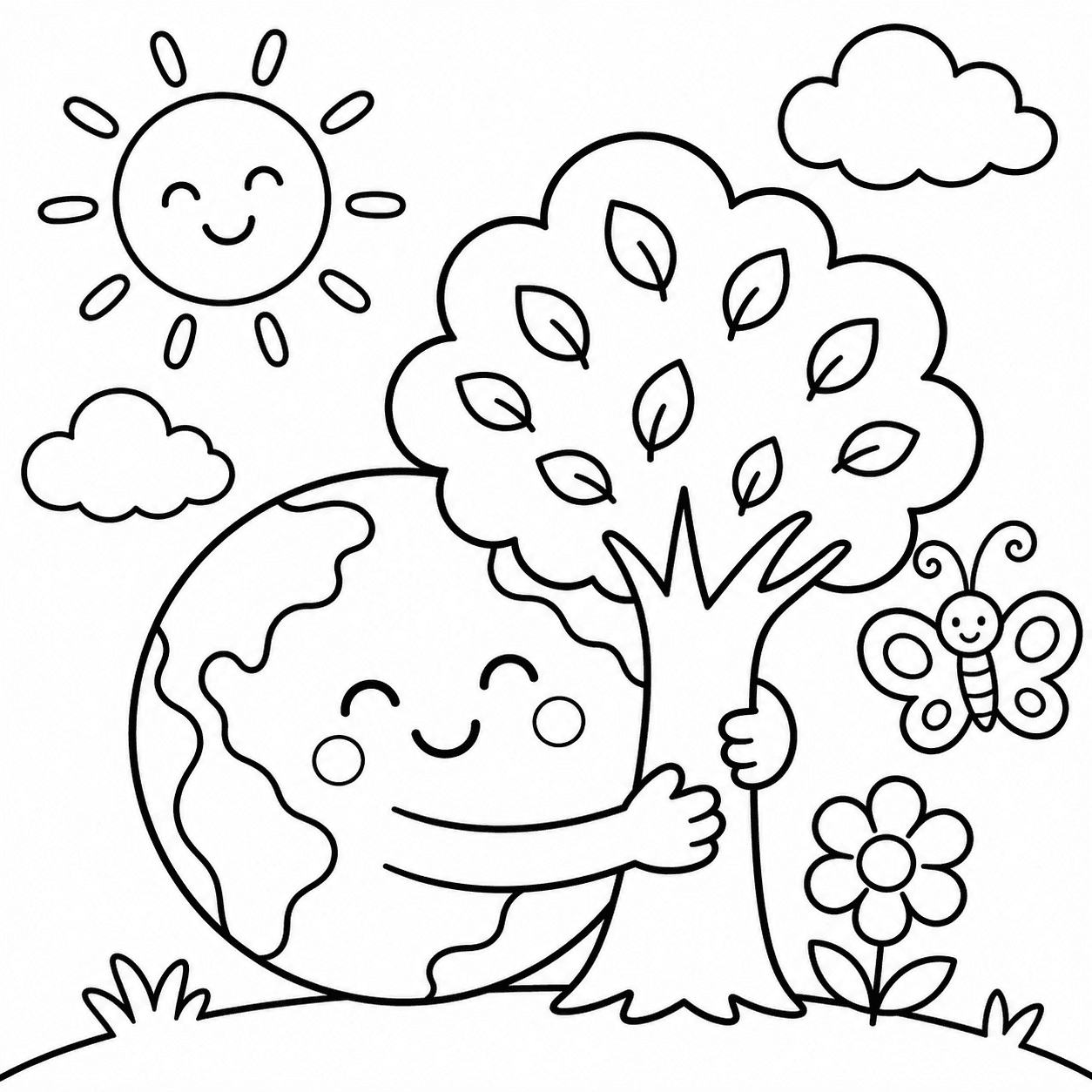Planeta Terra abraçando uma árvore para colorir