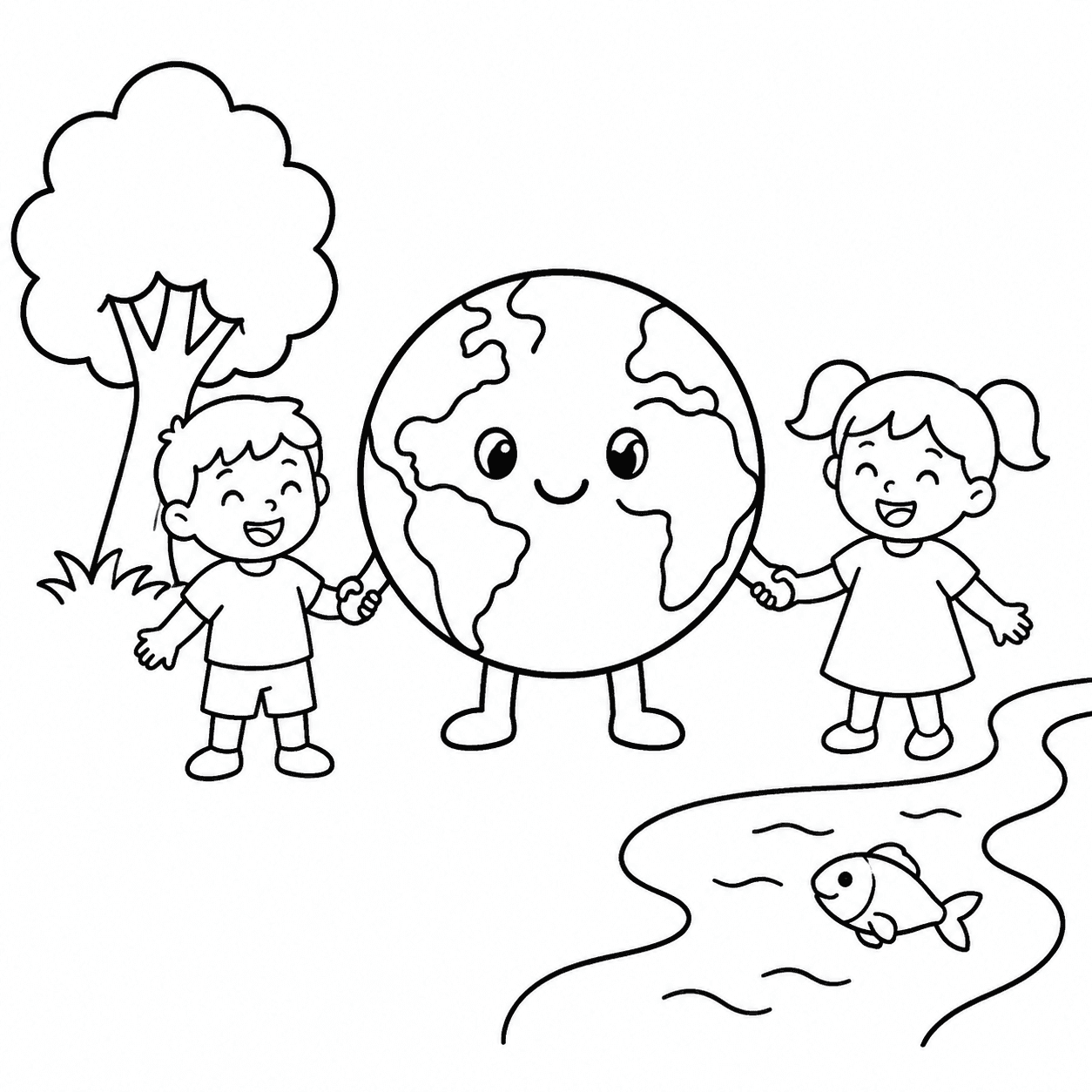 Planeta Terra de mãos dadas com crianças para colorir