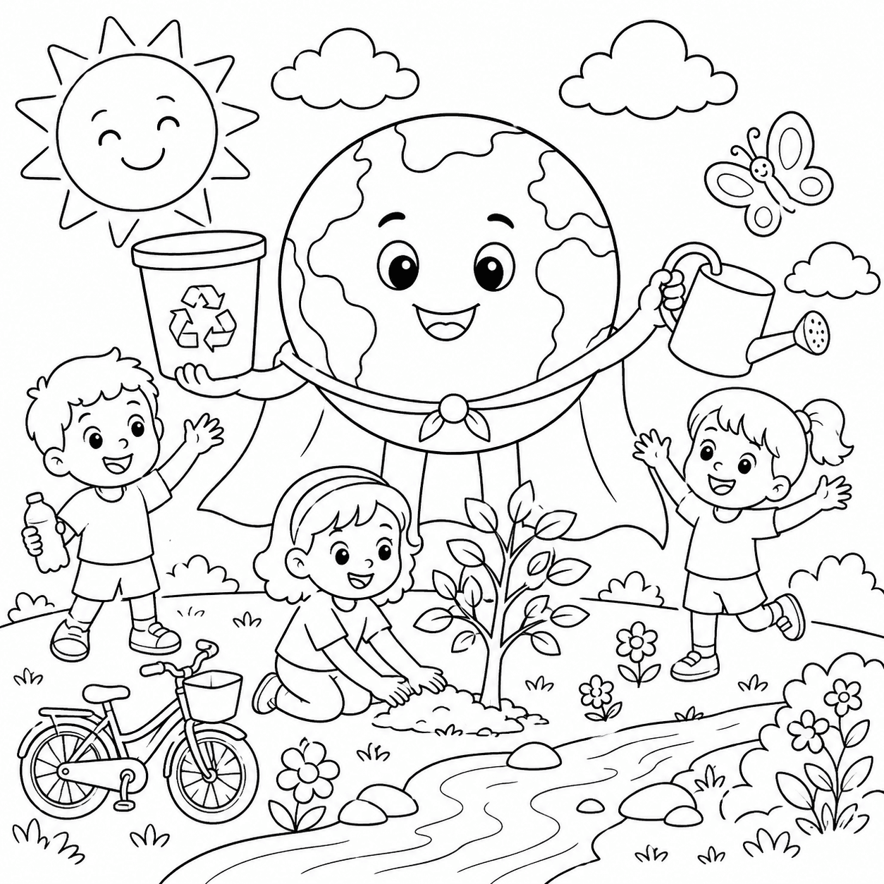 Planeta Terra super-herói protegendo a natureza para colorir