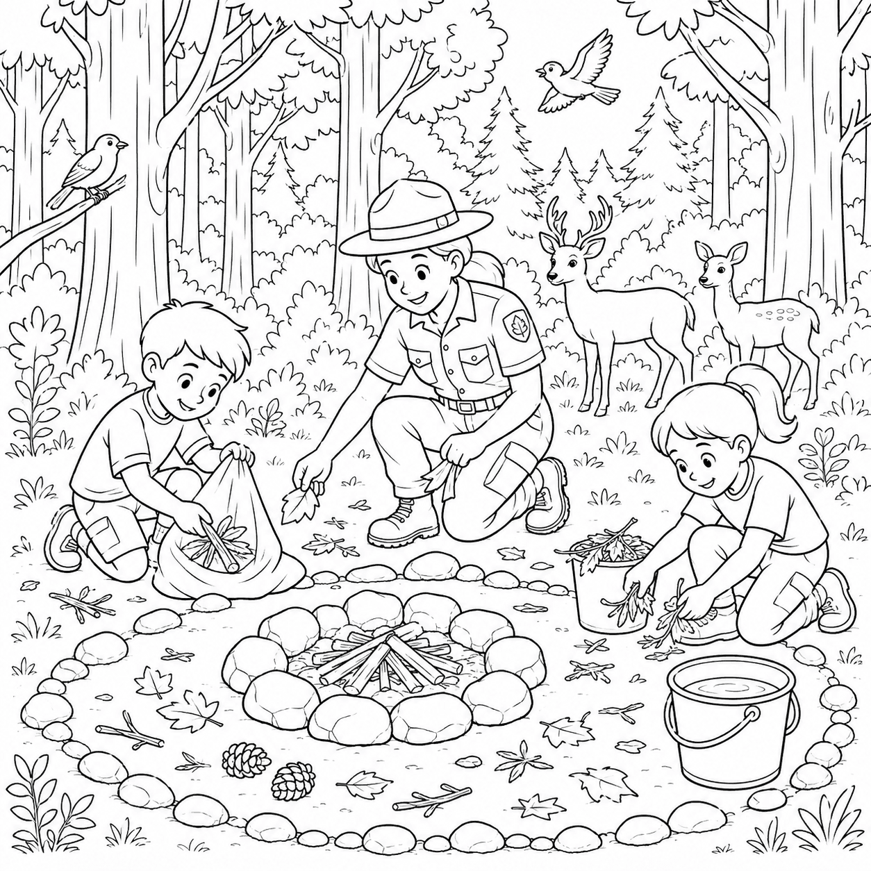 Guarda-parque e crianças protegendo a floresta para colorir