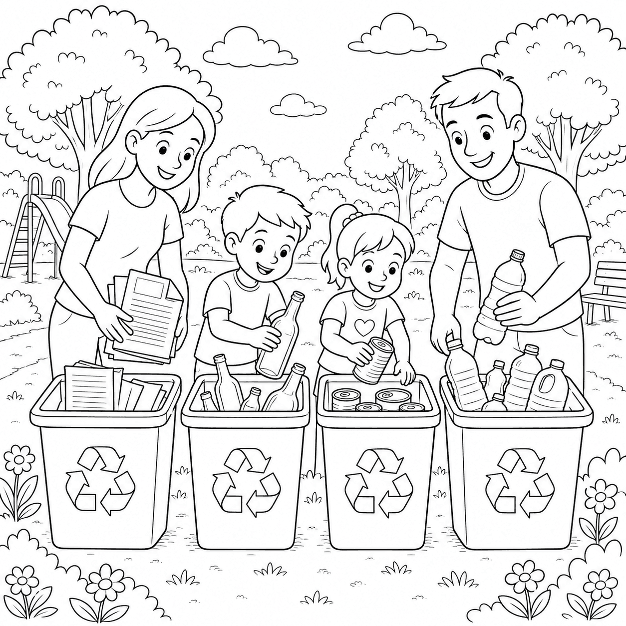 Família separando materiais recicláveis para colorir