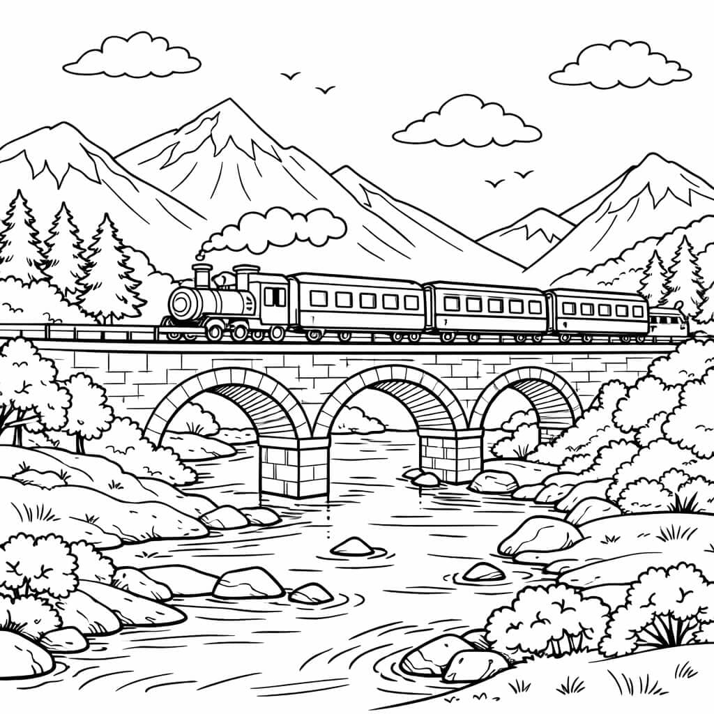 Trem sobre ponte para colorir