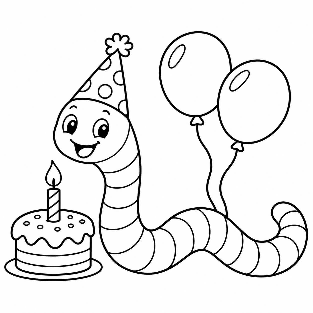 Minhoca com bolo de aniversário para colorir