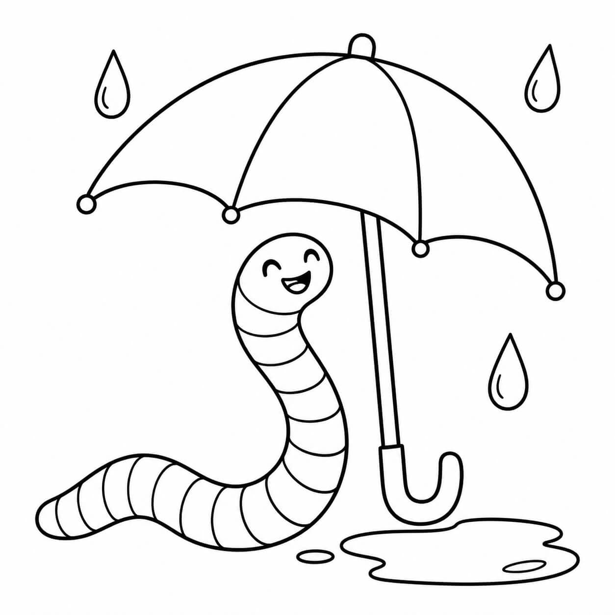 Minhoca com guarda-chuva para colorir