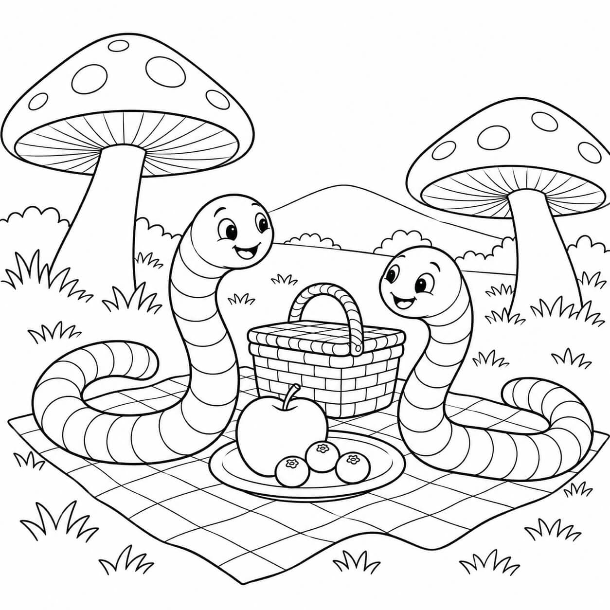 Minhocas no piquenique para colorir