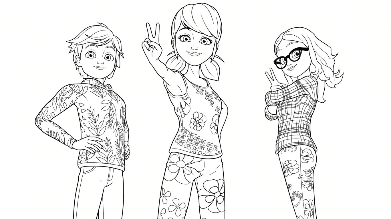 Adrien, Marinette e Alya para colorir