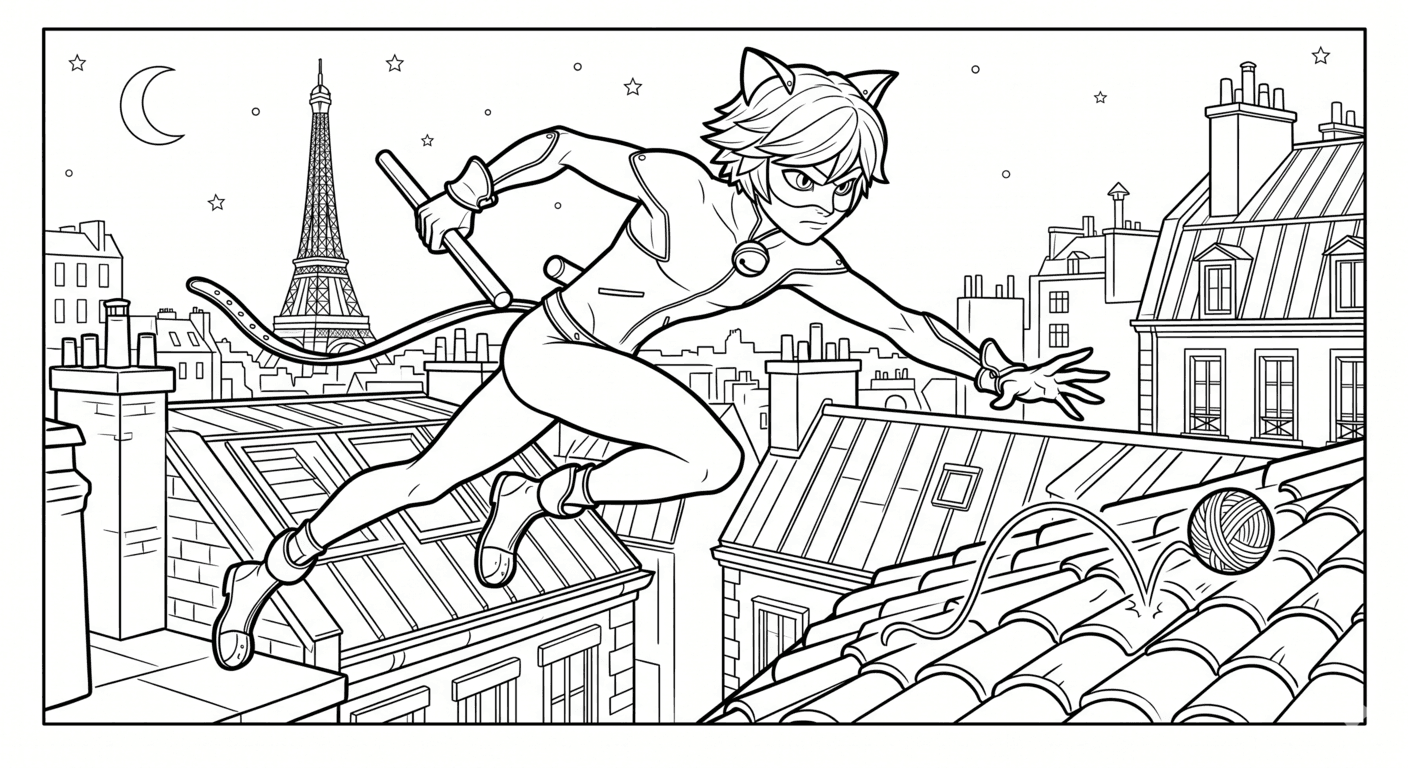 Cat Noir atrás de novelo de lã para colorir