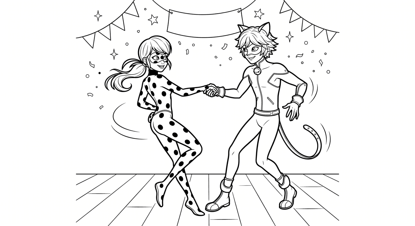 Ladybug e Cat Noir dançando para colorir