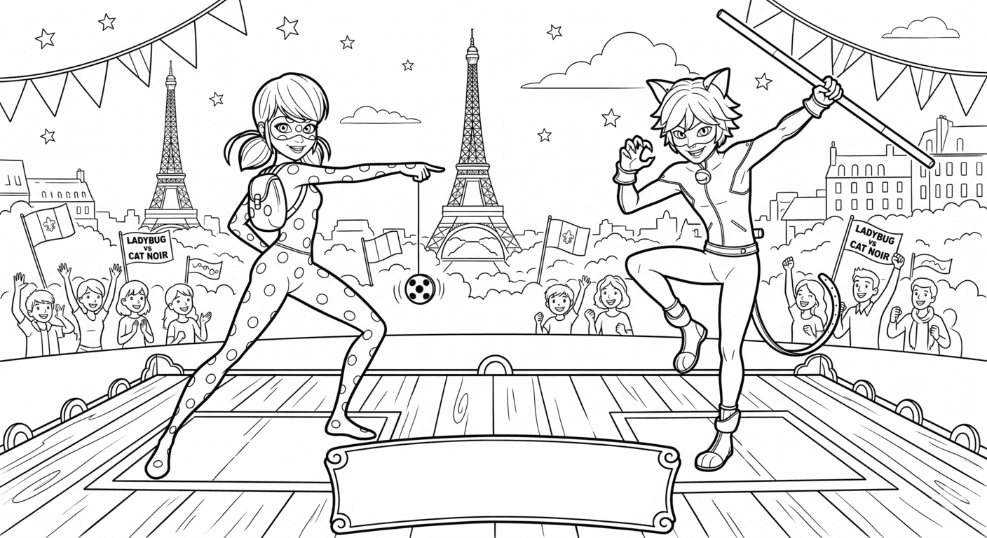 Ladybug e Cat Noir fazendo poses para colorir