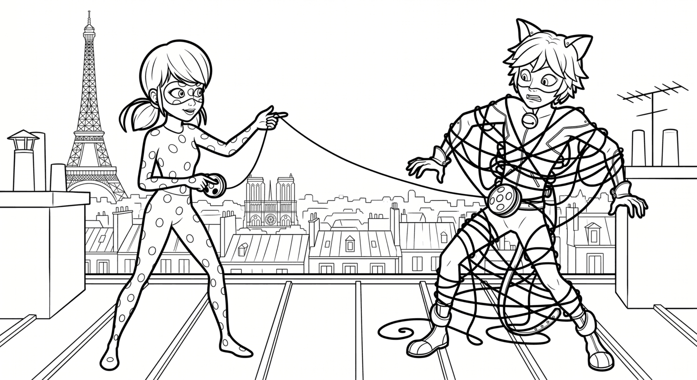 Ladybug e Cat Noir com ioiô para colorir