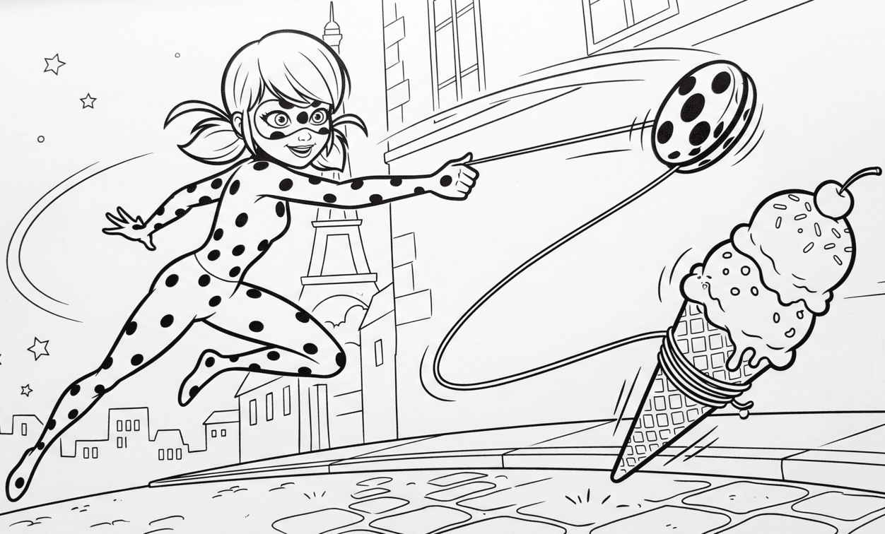 Ladybug salvando sorvete com ioiô para colorir