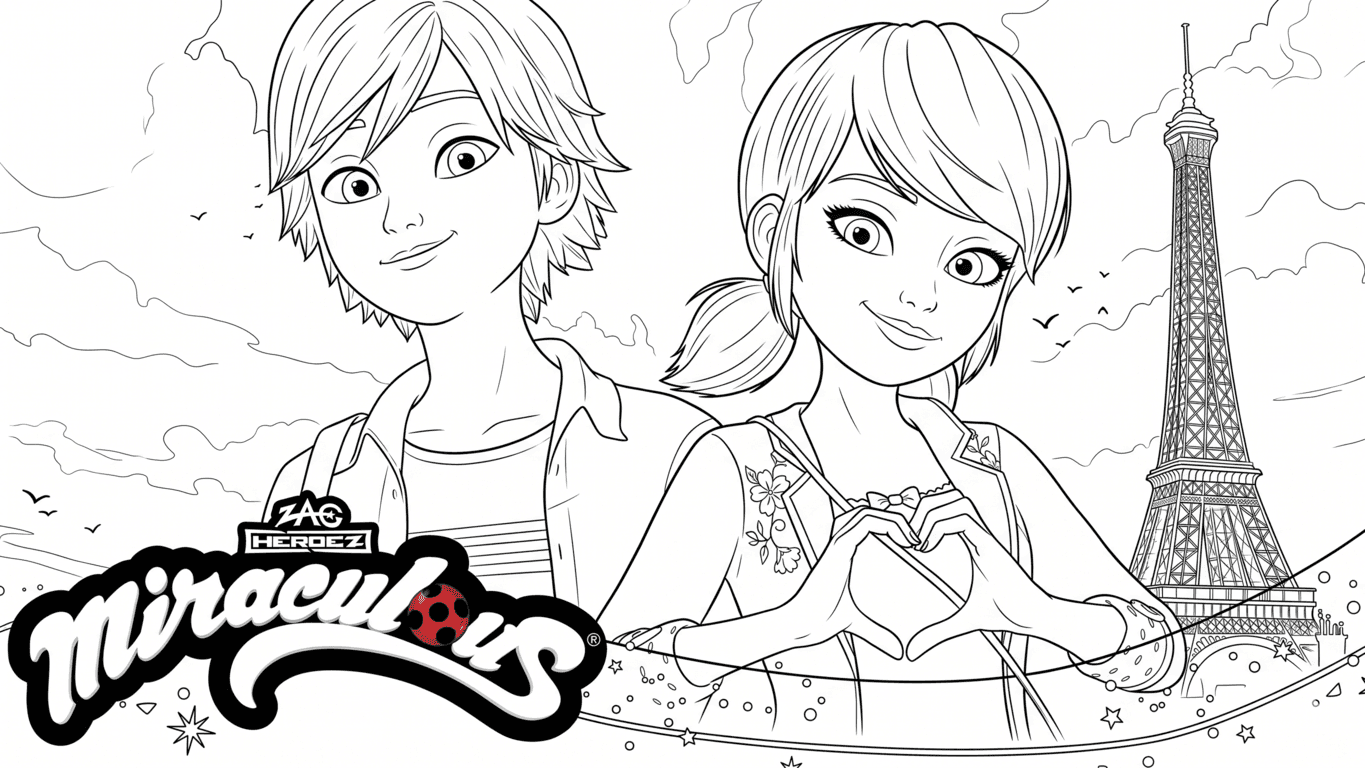 Marinette e Adrien para colorir