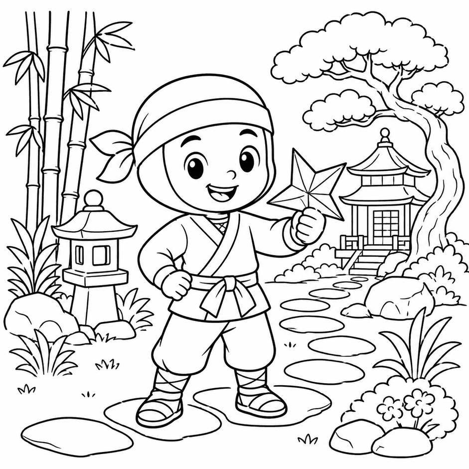Ninja com estrela de papel para colorir