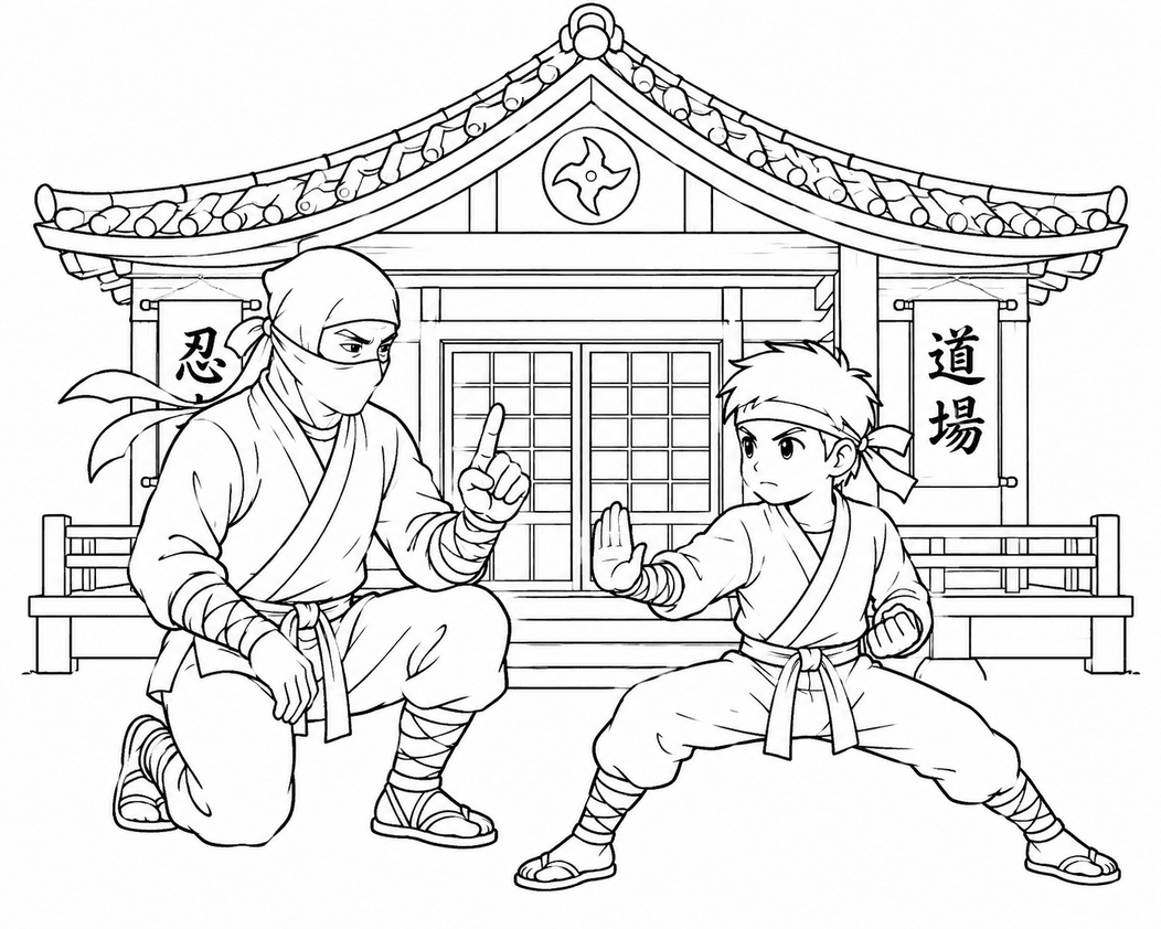 Ninja ensinando criança para colorir