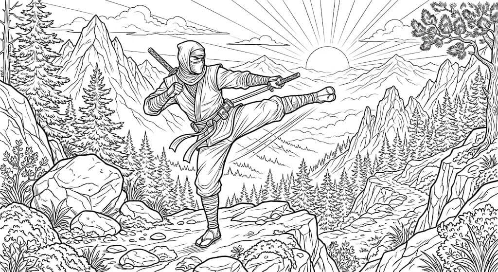 Ninja ao nascer do sol para colorir