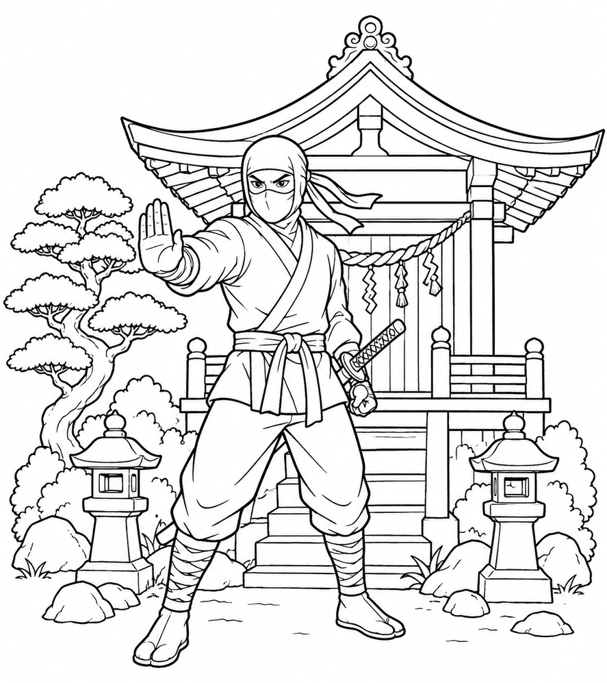 Ninja no templo japonês para colorir