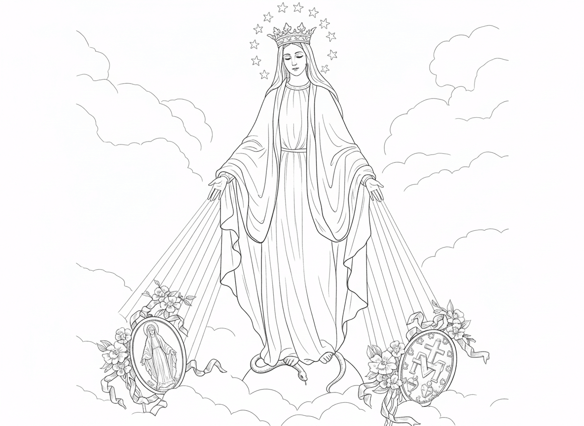 Nossa Senhora e a Medalha Milagrosa para colorir
