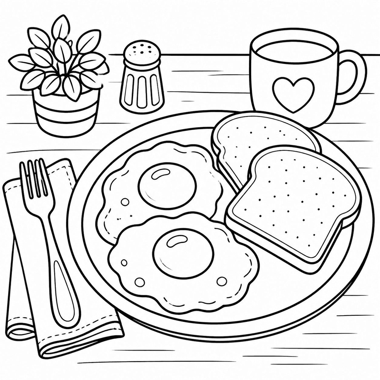Café da manhã com ovos e torradas para colorir
