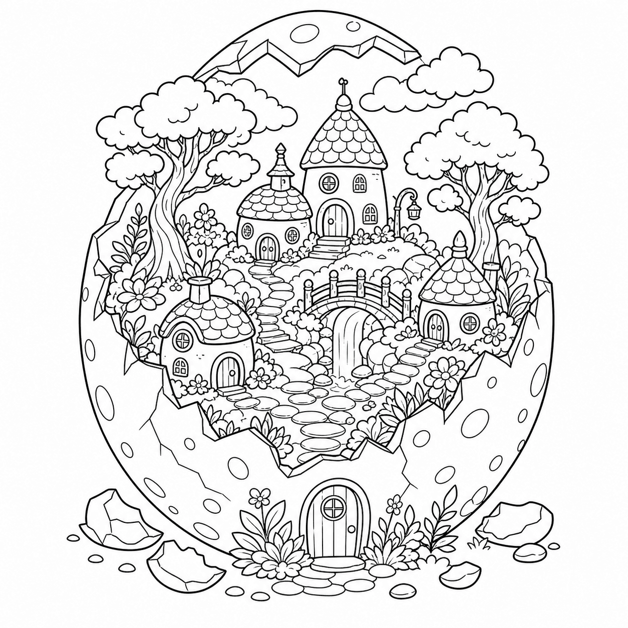 Cidade encantada dentro de um ovo gigante para colorir