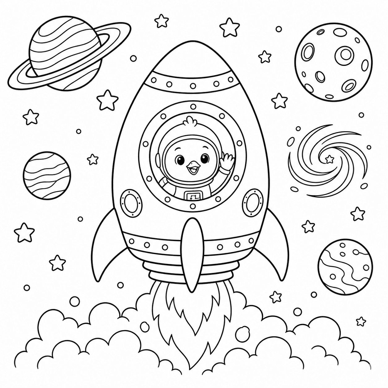 Foguete em formato de ovo com pintinho astronauta para colorir