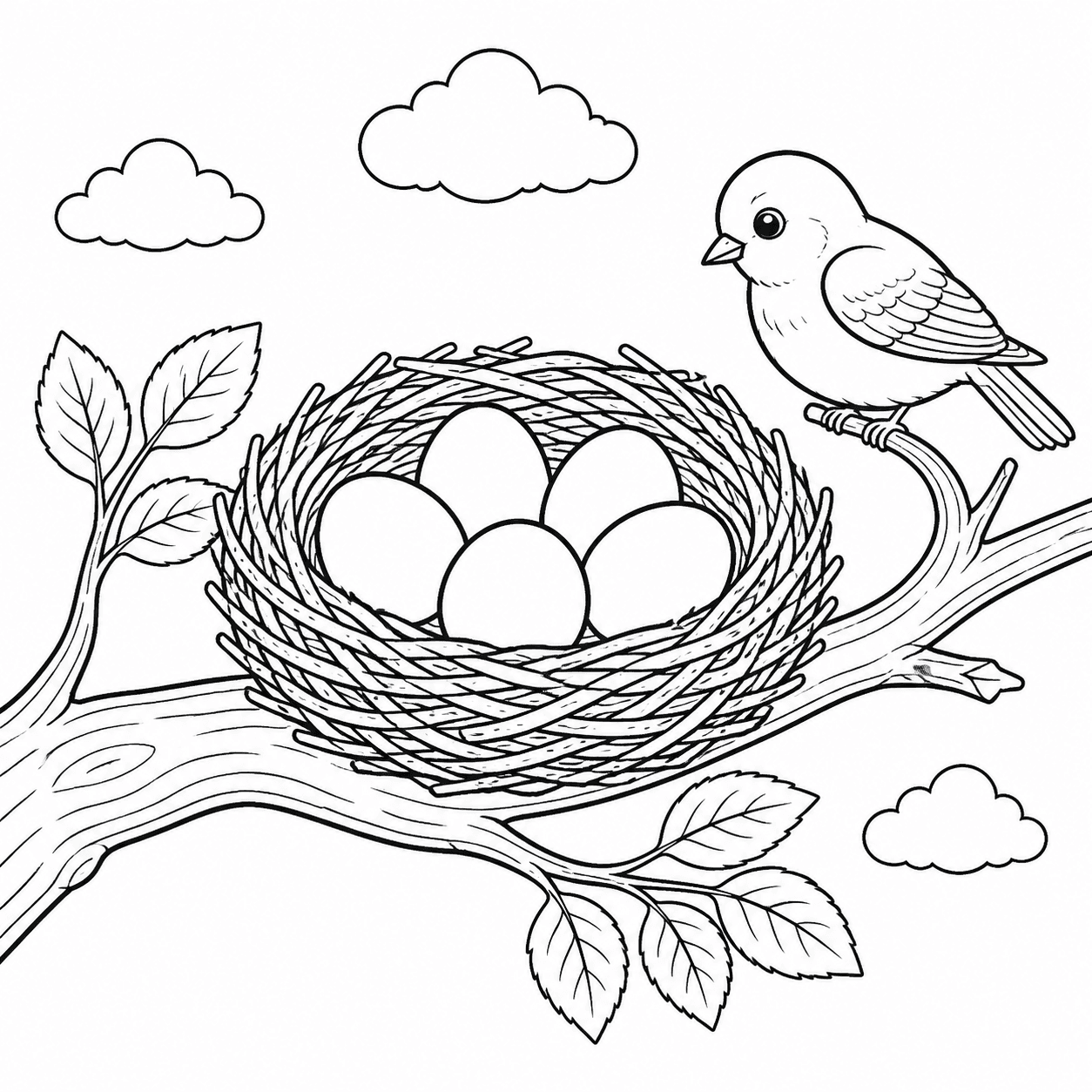 Ninho com ovos e passarinho para colorir