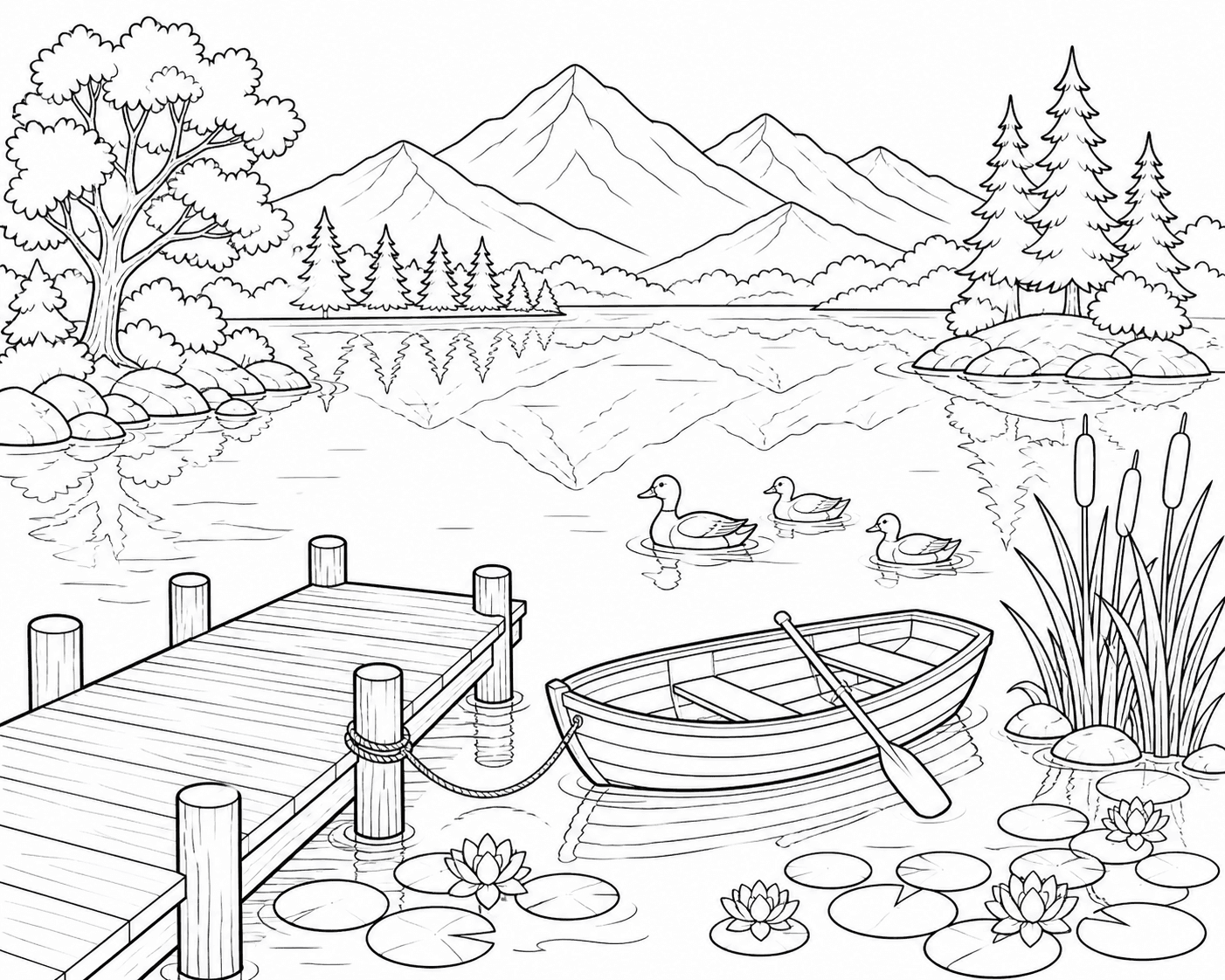 Paisagem com lago, barco e montanhas para colorir