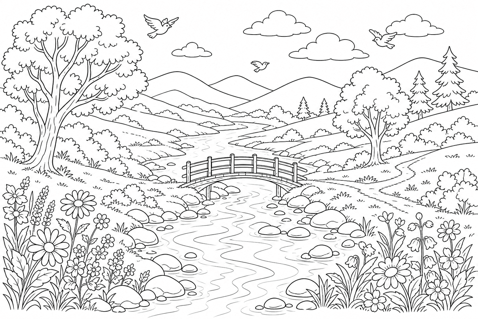 Paisagem com rio e ponte para colorir