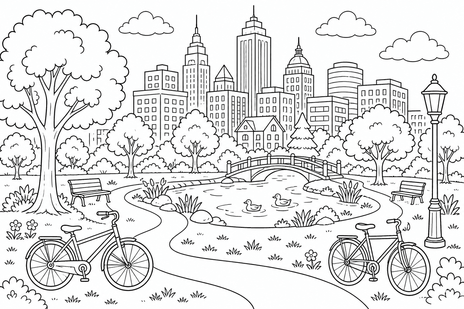 Paisagem da cidade vista do parque para colorir