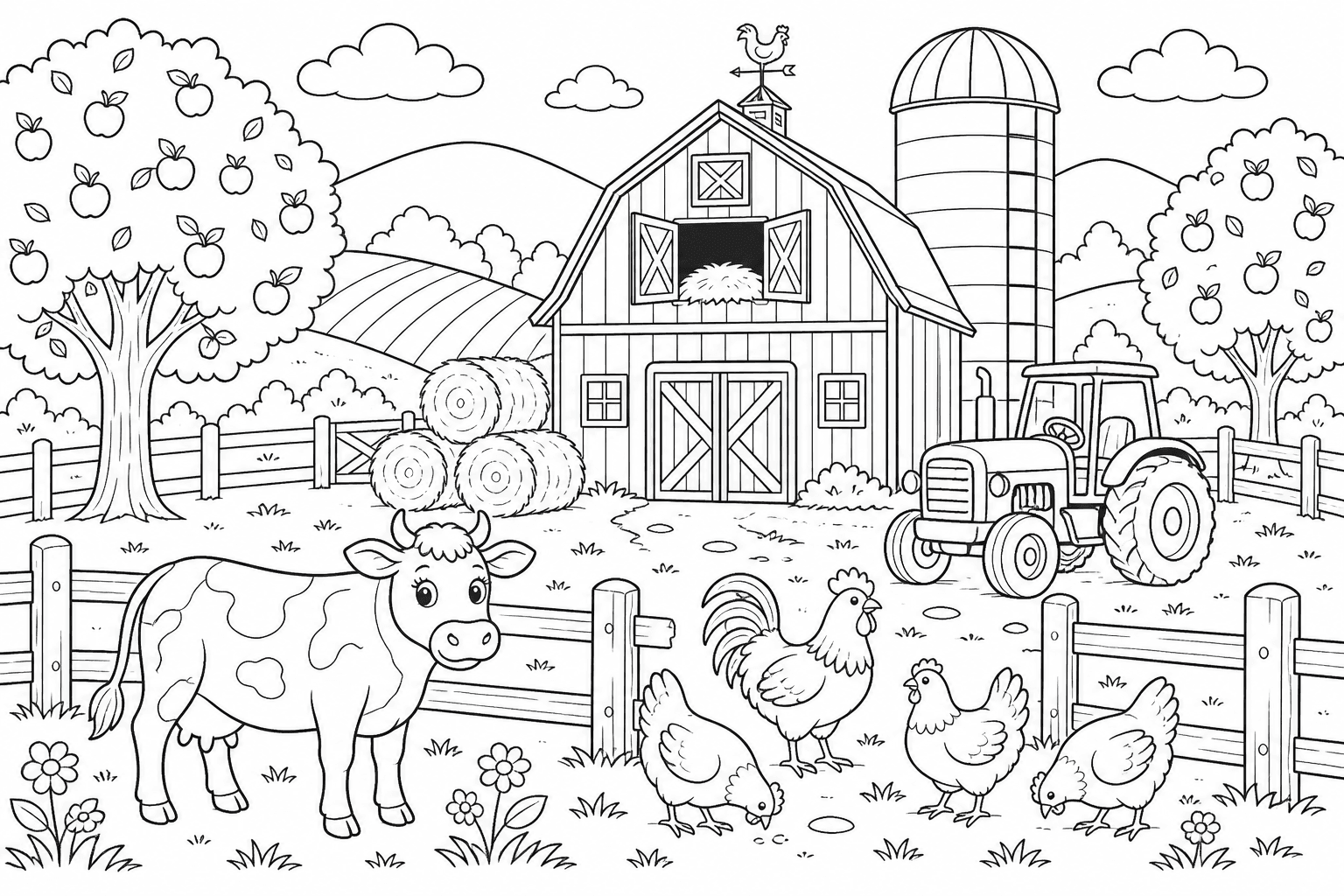 Paisagem da fazenda com celeiro e animais para colorir