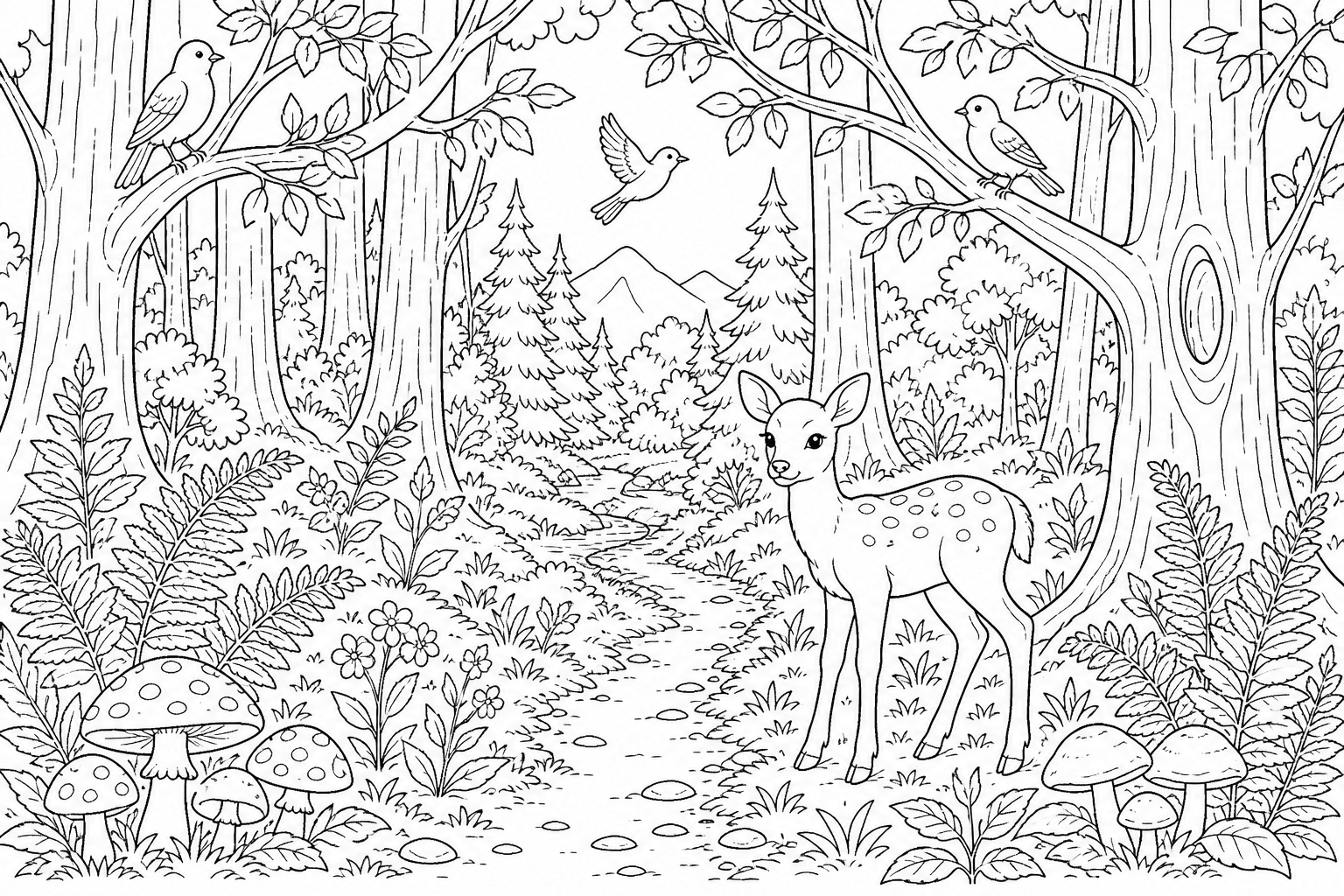Paisagem da floresta com animais para colorir
