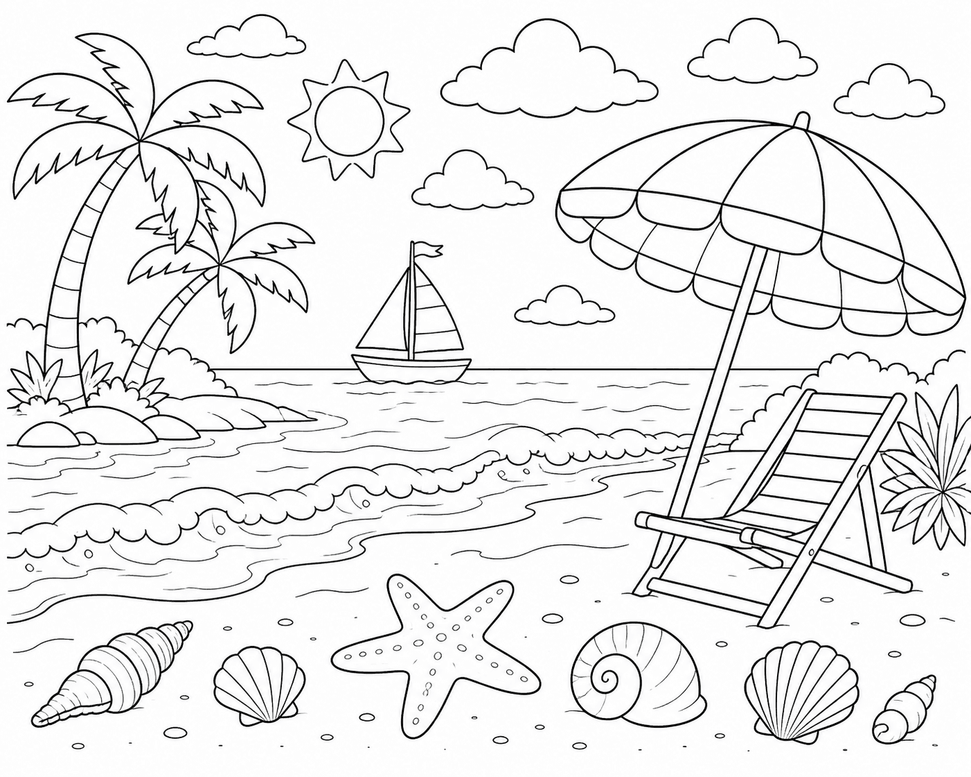 Paisagem da praia com coqueiros para colorir