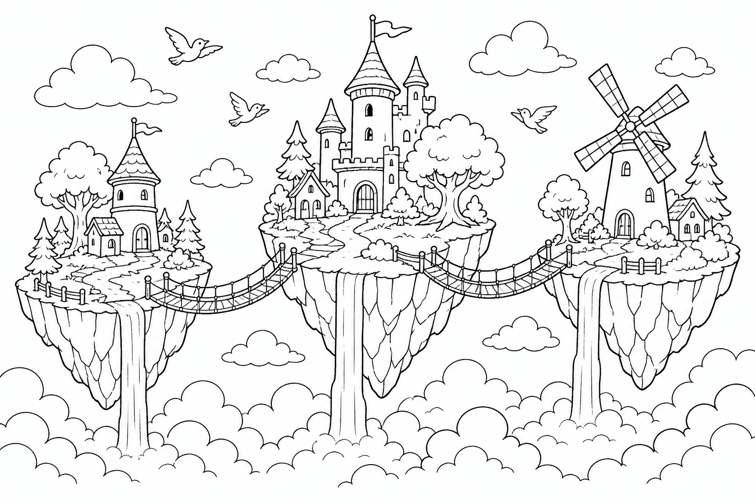 Paisagem criativa de ilhas flutuantes para colorir