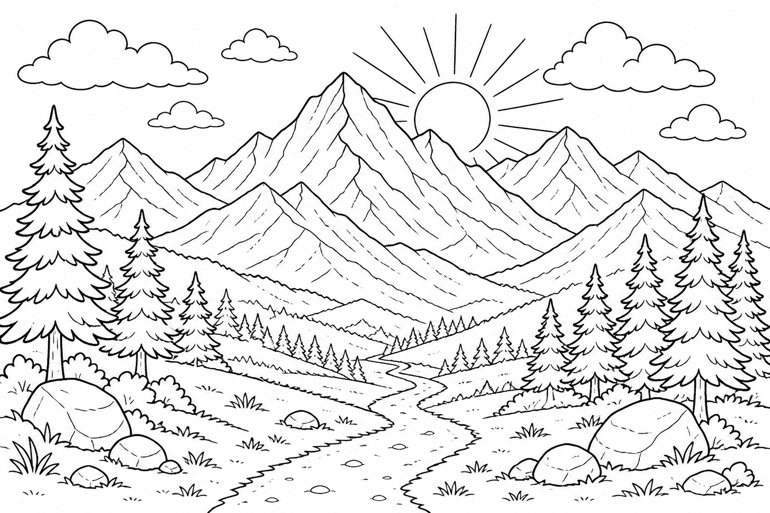 Paisagem de montanhas e pinheiros para colorir
