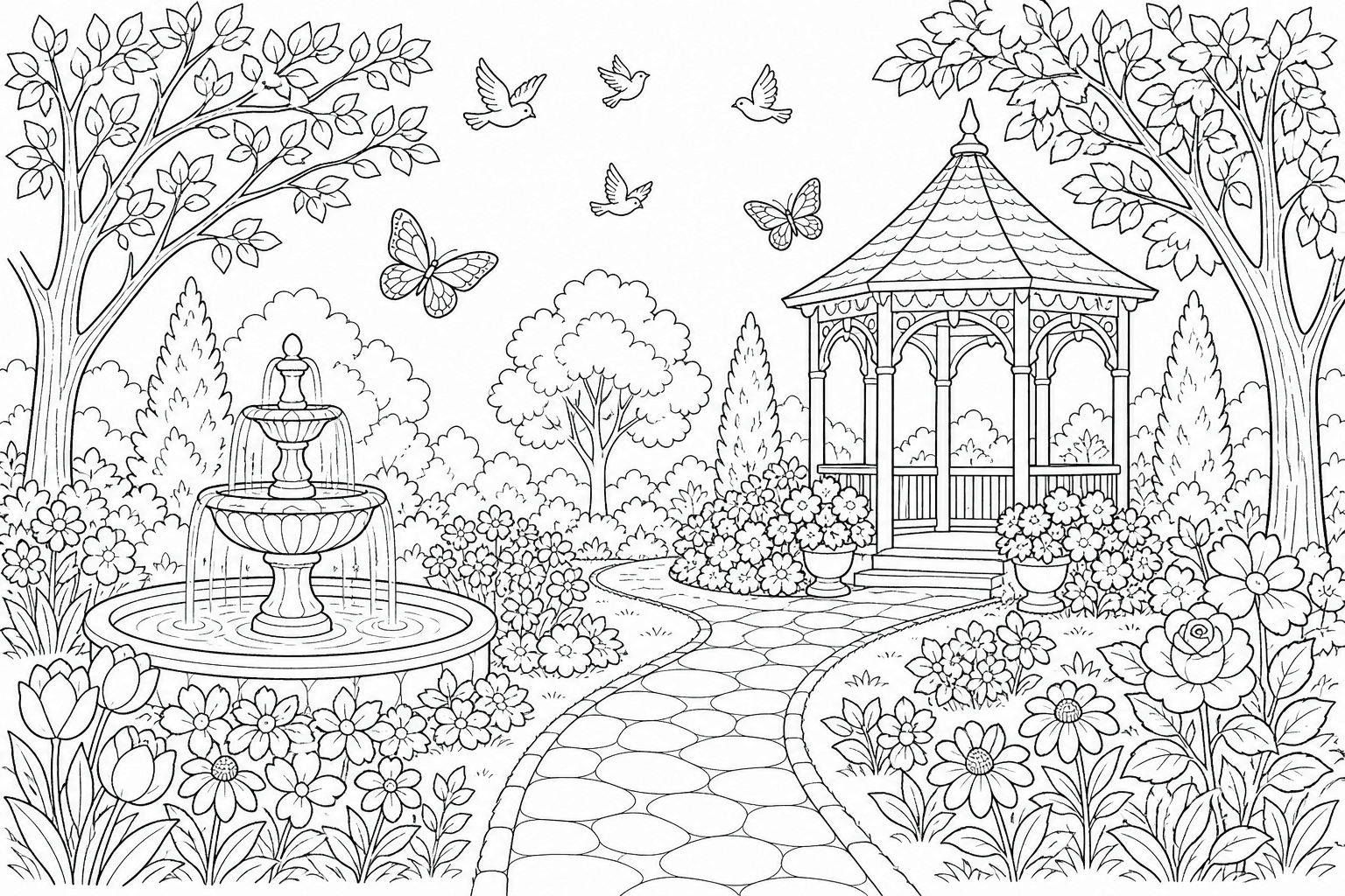 Paisagem de jardim com flores e coreto para colorir