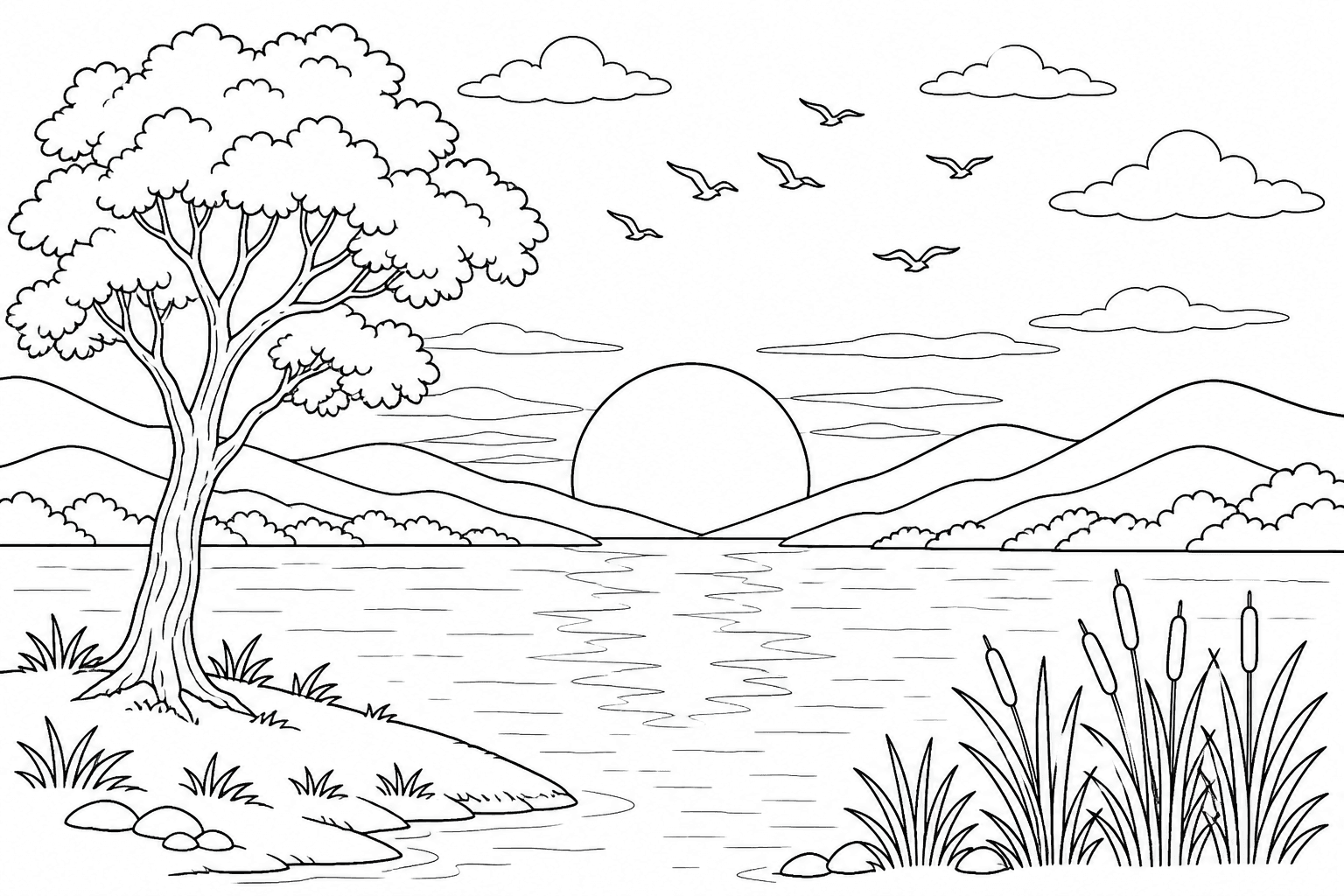 Paisagem do pôr do sol no lago para colorir