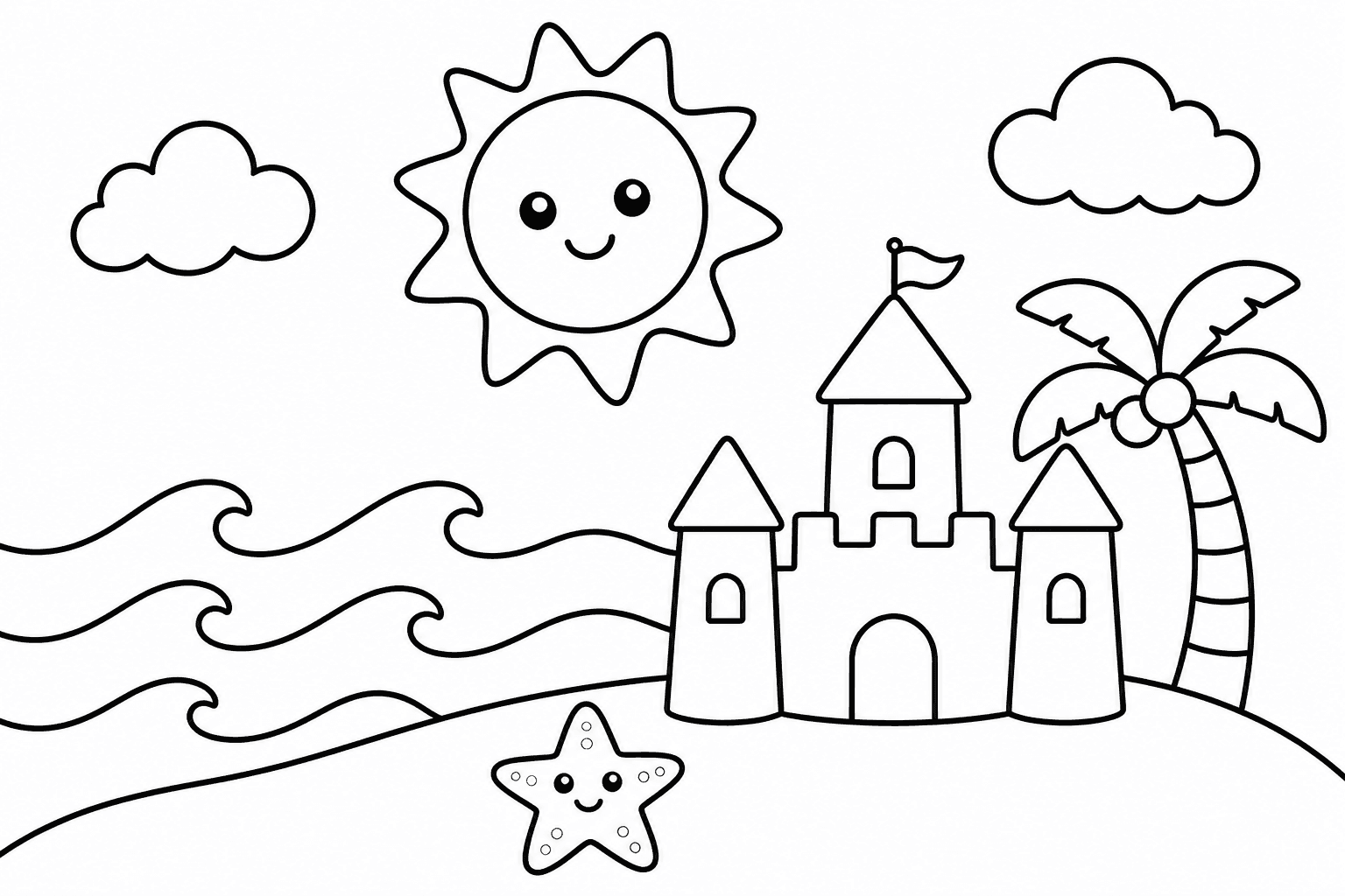 Paisagem infantil simples da praia para colorir