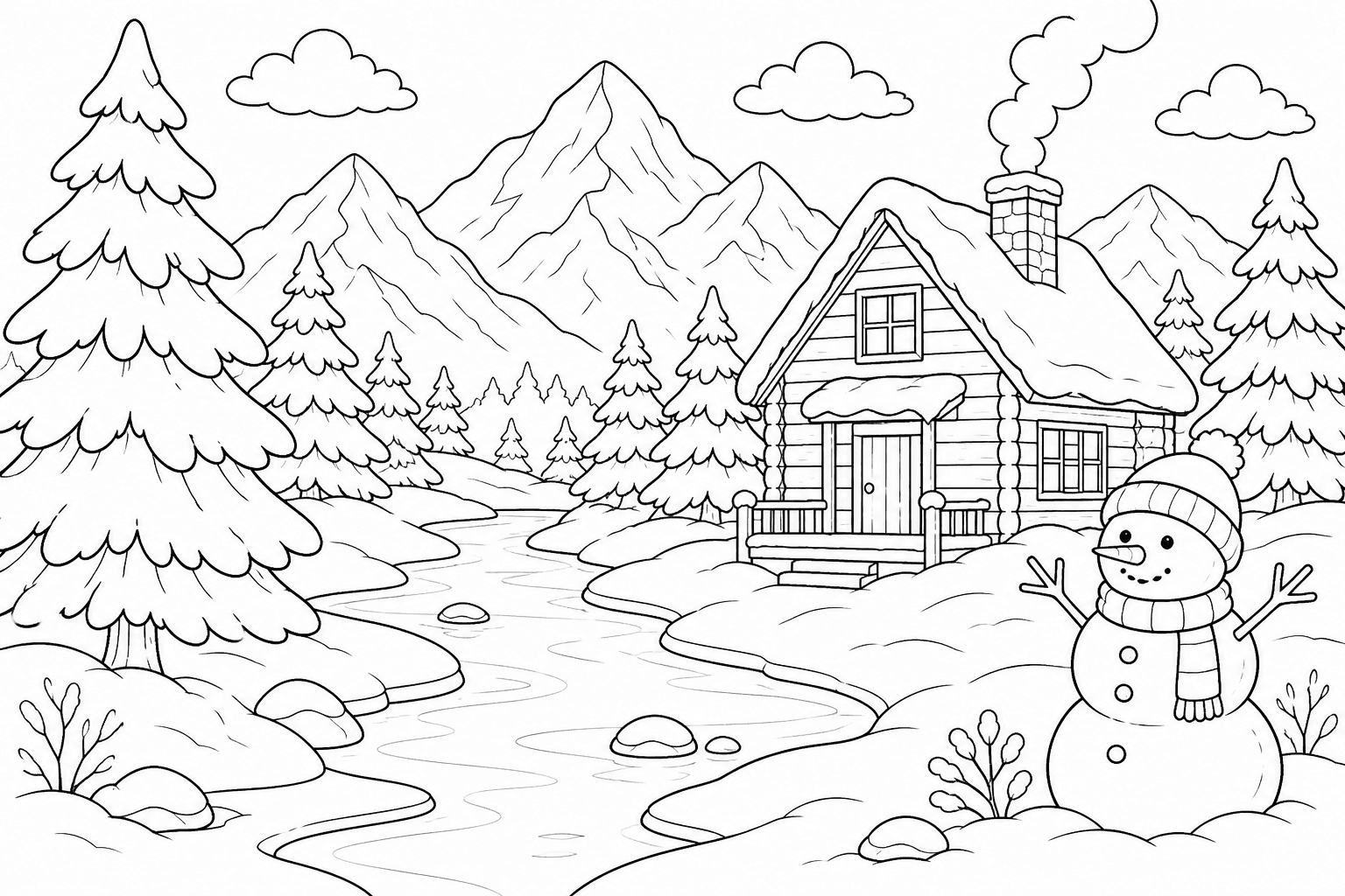 Paisagem nevada com cabana para colorir