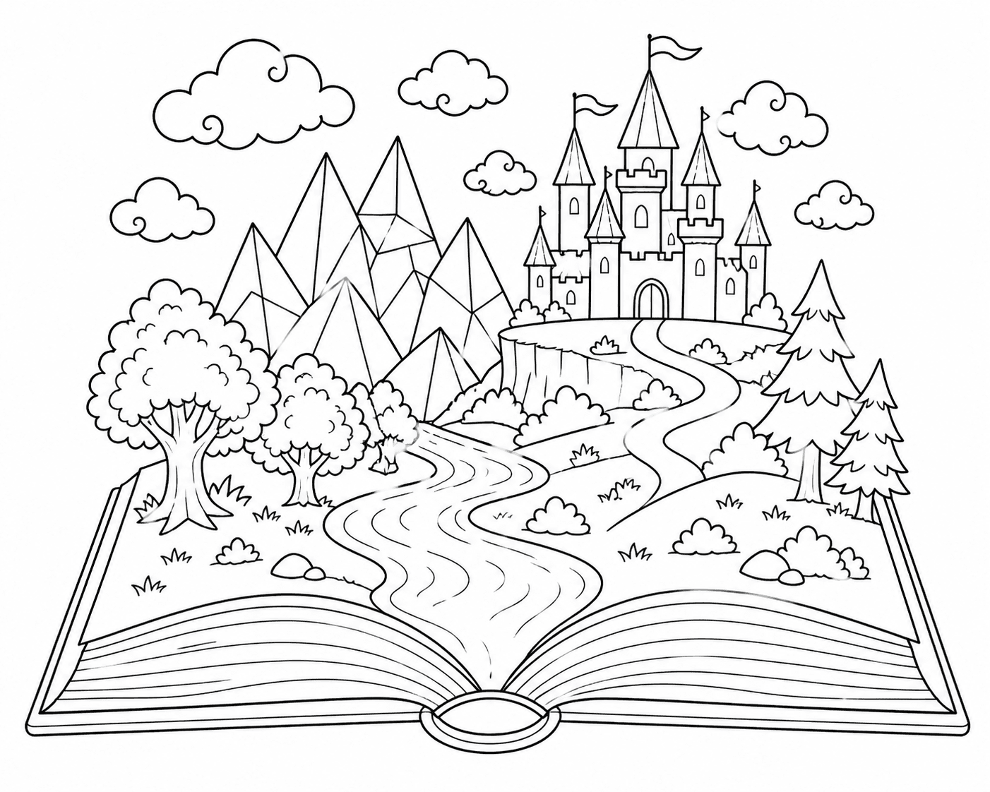 Paisagem criativa surgindo de um livro aberto para colorir