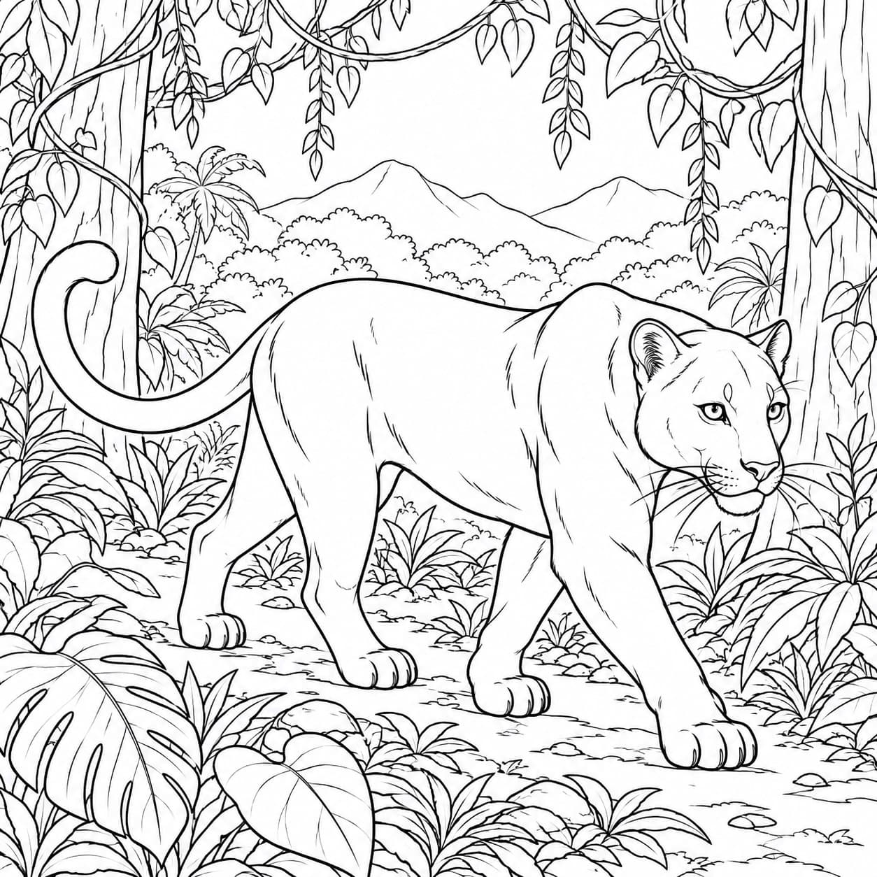 Pantera caminhando na floresta para colorir