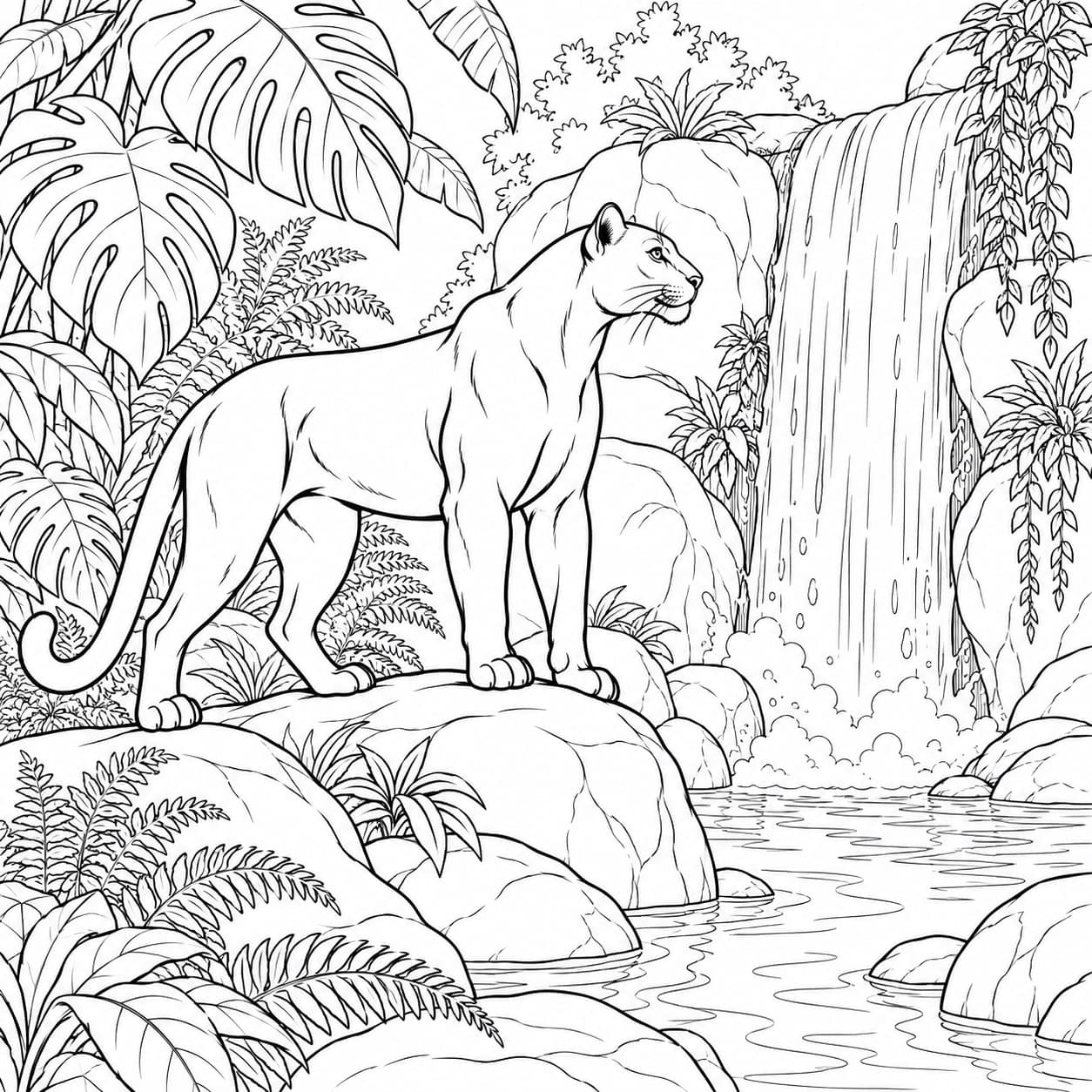 Pantera na cachoeira para colorir