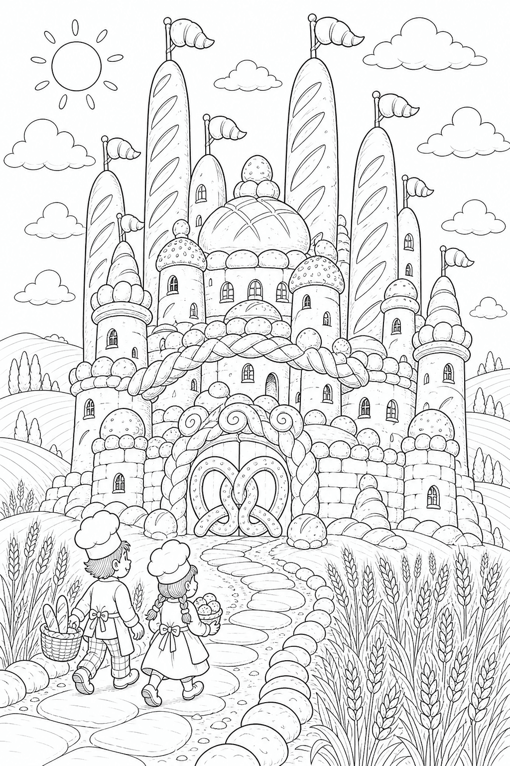 Castelo construído com pães, baguetes e pretzels para colorir