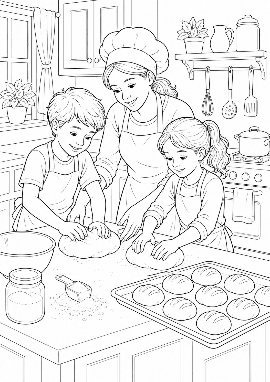 Crianças aprendendo a fazer pão na cozinha para colorir