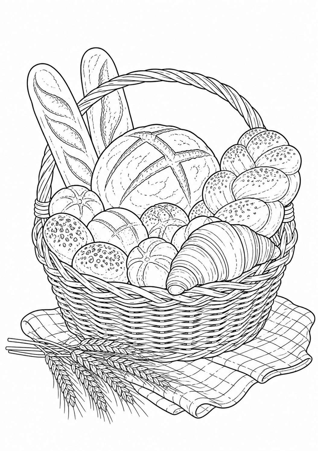 Cesta com vários tipos de pães para colorir