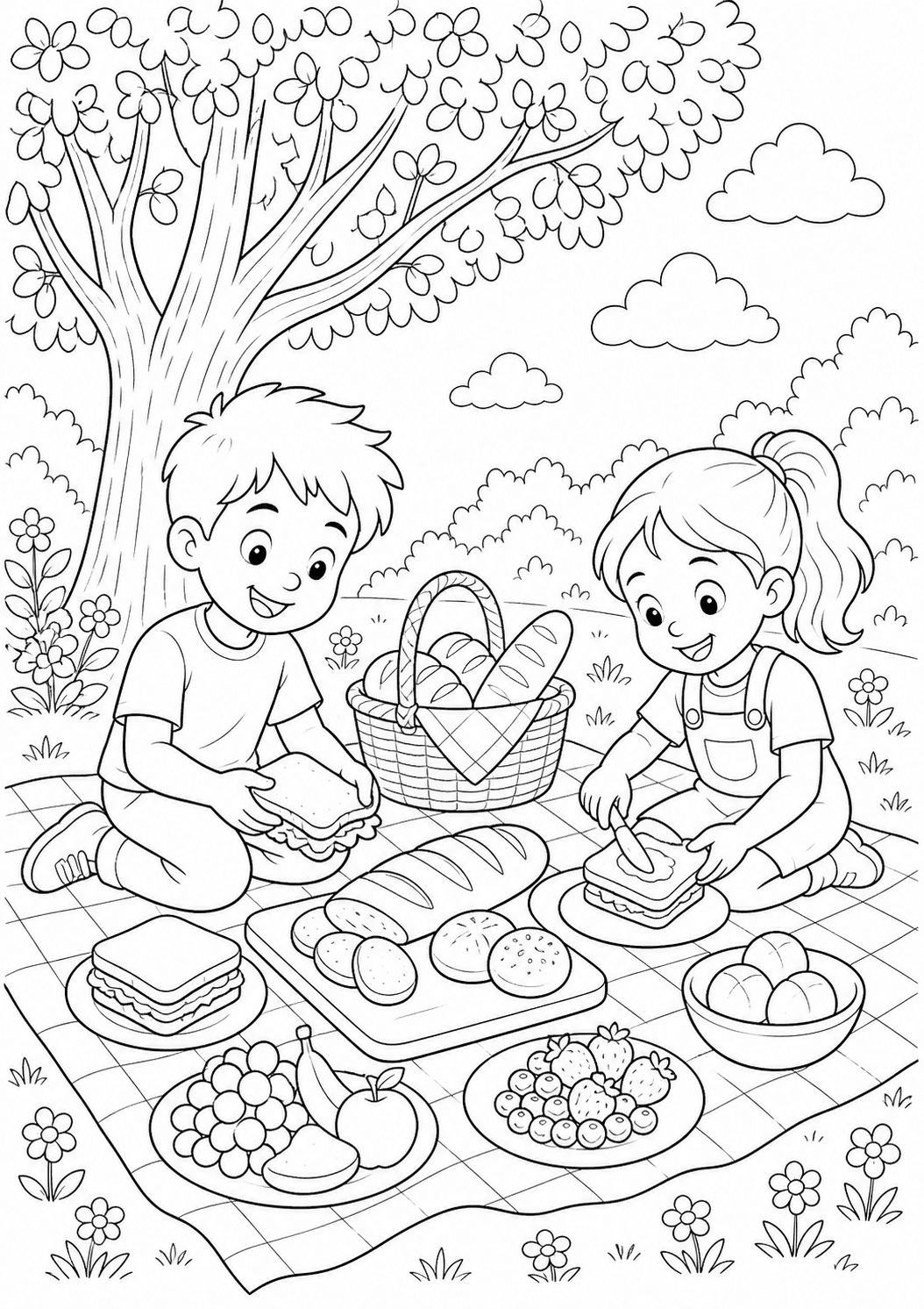 Crianças preparando sanduíches em um piquenique para colorir