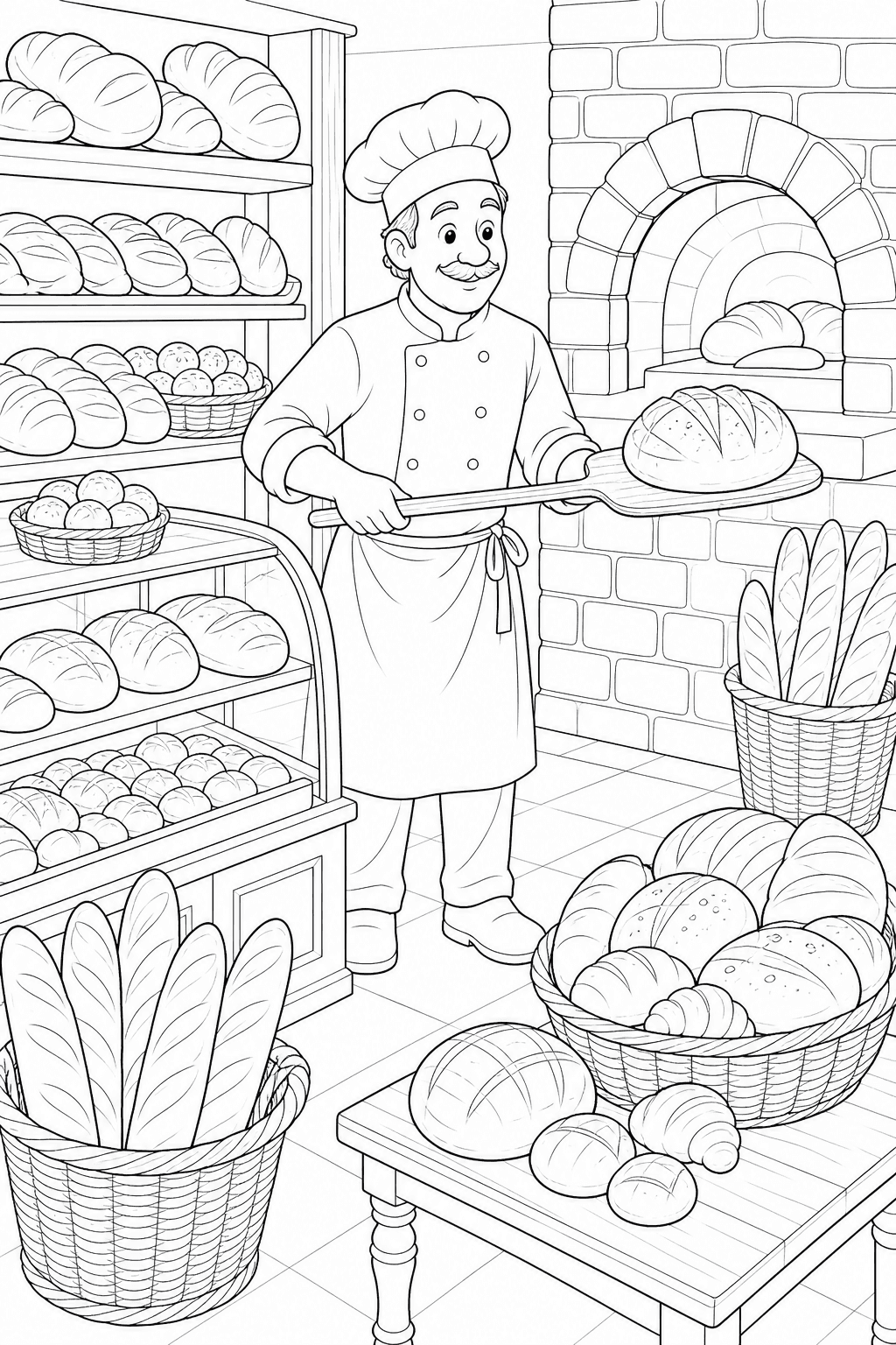 Padeiro com pão em uma padaria para colorir
