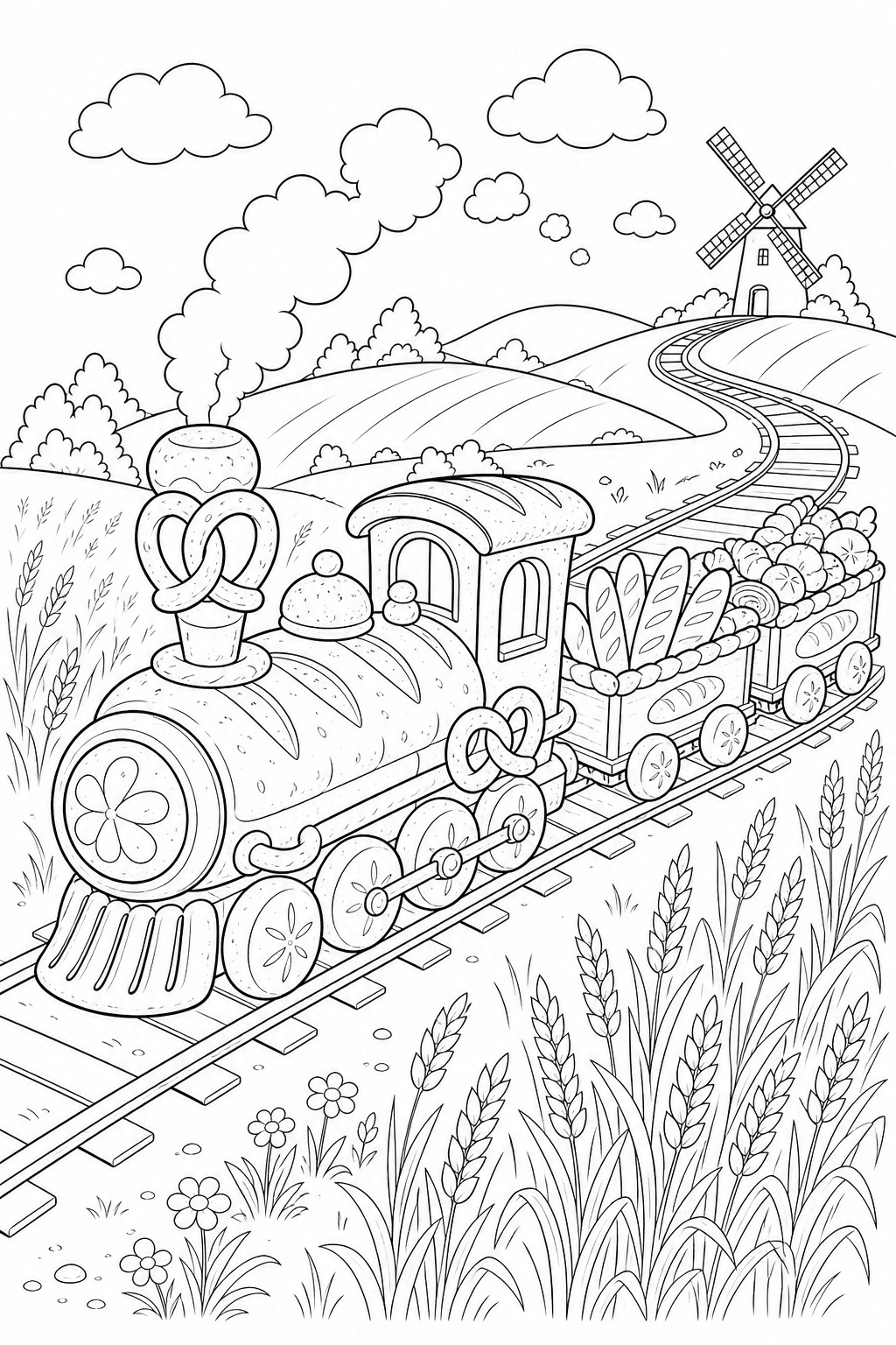 Trem feito de pão atravessando campos de trigo para colorir