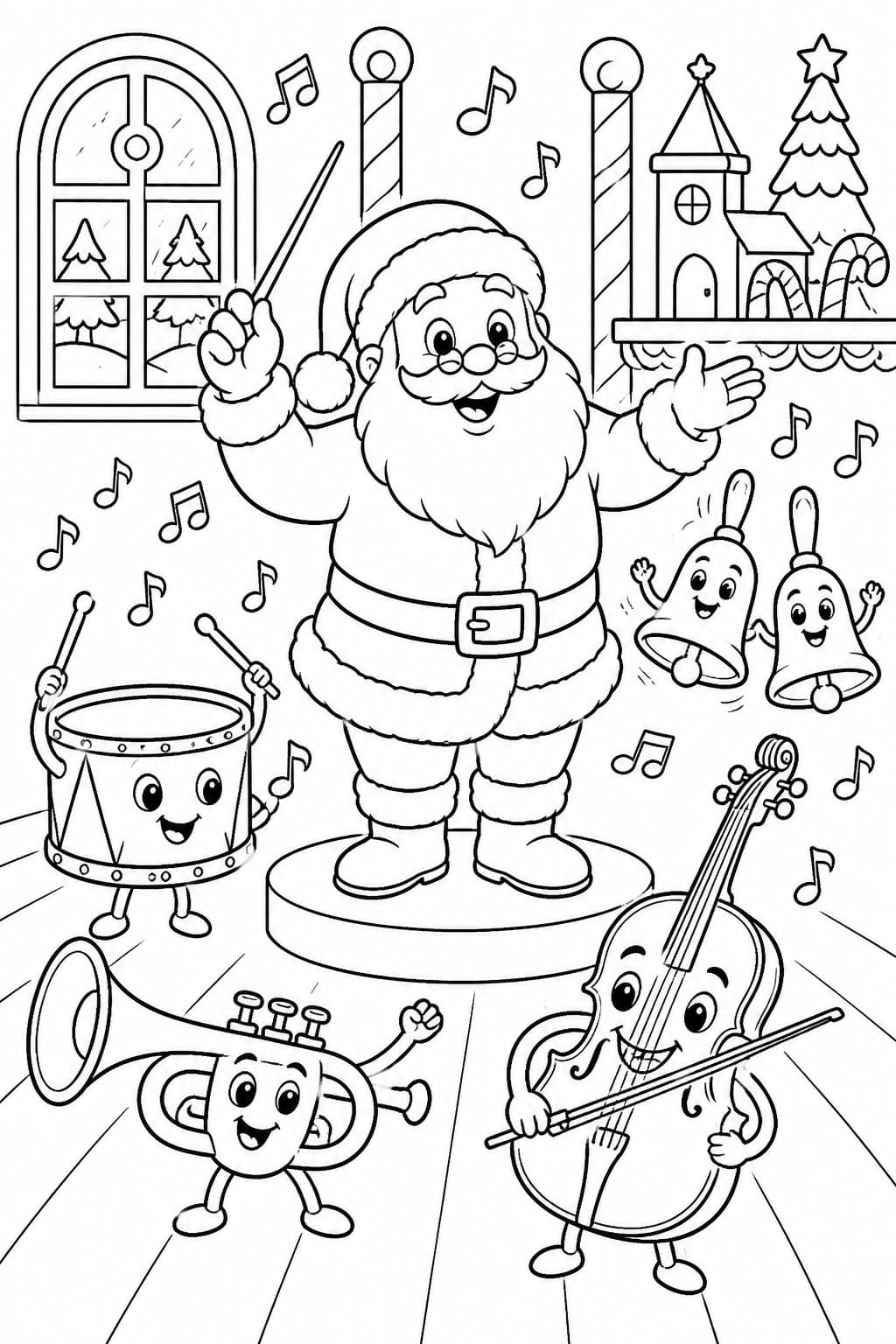 Papai Noel regendo orquestra de brinquedos para colorir