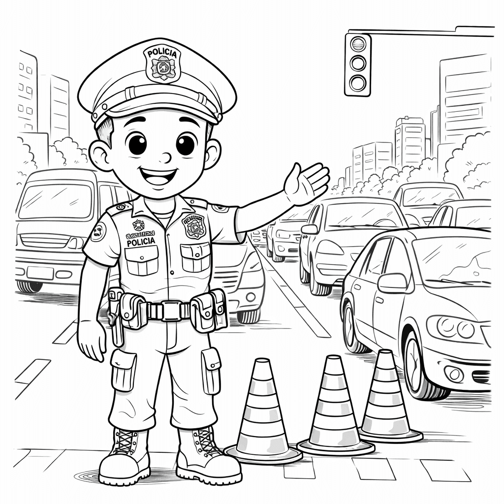 Policial organizando o trânsito para colorir