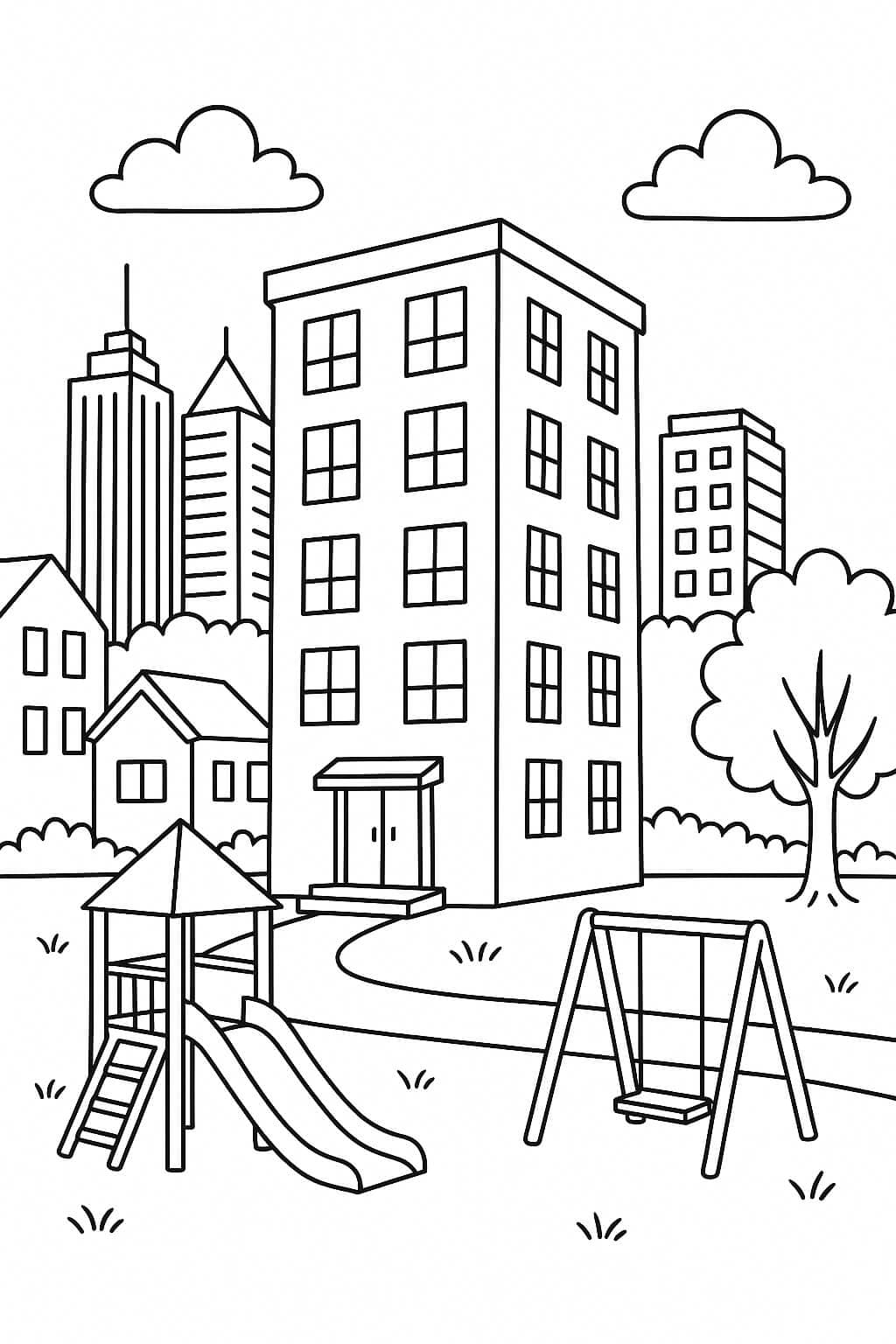Prédio com playground para colorir