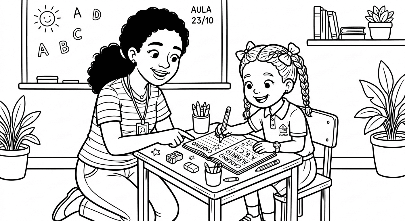 Professora ensinando aluna para colorir